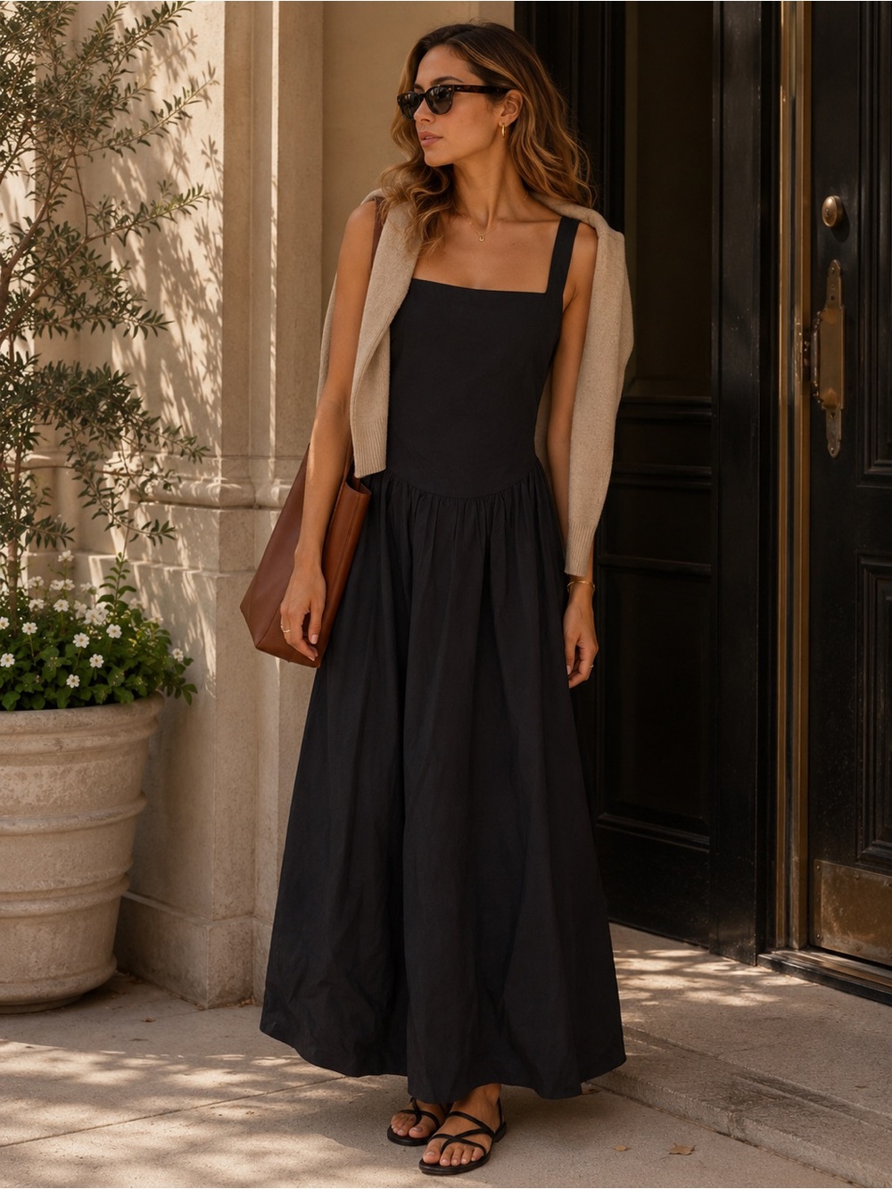 NWT Commense 100% Cotton Classic Black Square-Neck Backless Maxi Dress